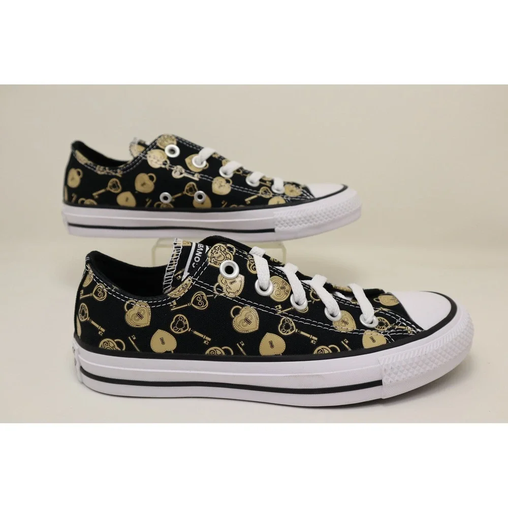 Converse Chuck Taylor All Star Low Womens 6 Black Gold Locks Keys Print NWOB